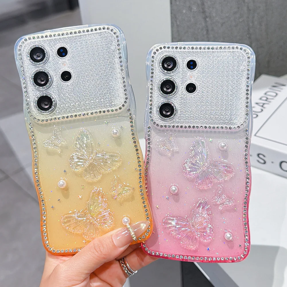 Fashion 3D Butterfly Bling Glitter Clear Phone Case For Samsung Gaxaly S26 Ultra S25 S24 Plus Ultra Lens Film Protective Cover