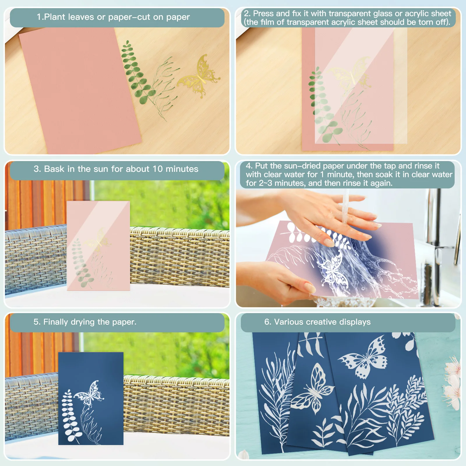 مجموعة طباعة Cyanotype المنشط بالطاقة الشمسية للحرف اليدوية المصنوعة يدويًا من الورق والقماش مع أوراق وملحقات طباعة الشمس #3