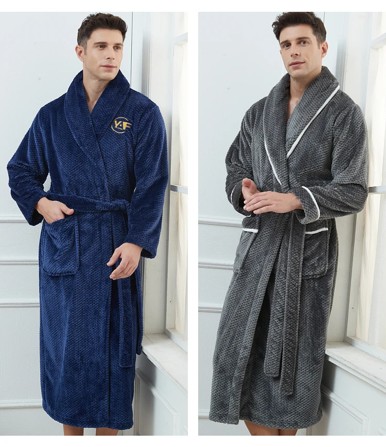 Bata de ducha tipo Kimono con solapa gruesa para hombre, albornoz de franela cálido, ropa de dormir con bolsillo, ropa de descanso de talla grande