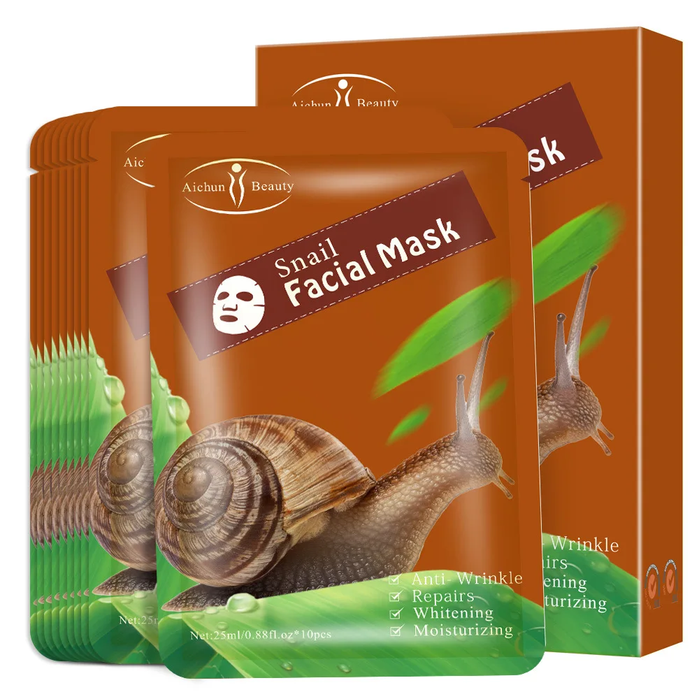 

10pcs Snail Essence Facial Masks Face Care Masks Moisturizing Brightens Skin Firming Brightening Face Sheet Mask for Beauty