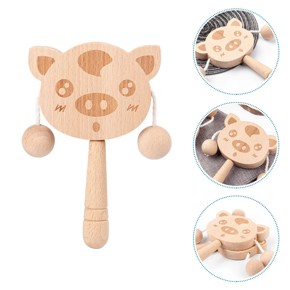 1개 나무 딸랑이 드럼 아기 손벨 돼지 모양 악기 유아 초기 교육 나무 딸랑이 흔들 드럼 아기용