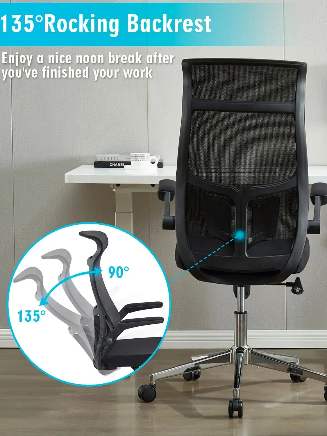 Ergonomic Home Office Chair, High Back Desk Chair - Fixed Headrest with Flip-Up Arms, Tilt Function, Lumbar Support and PU Wheel