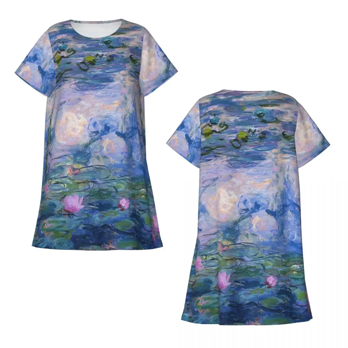 Claude Monet - Water Lilies Short Sleeves Nightdress For Sleeping Sleepshirts Women Short Sleeve Nightgowns Loose Pajama Dress