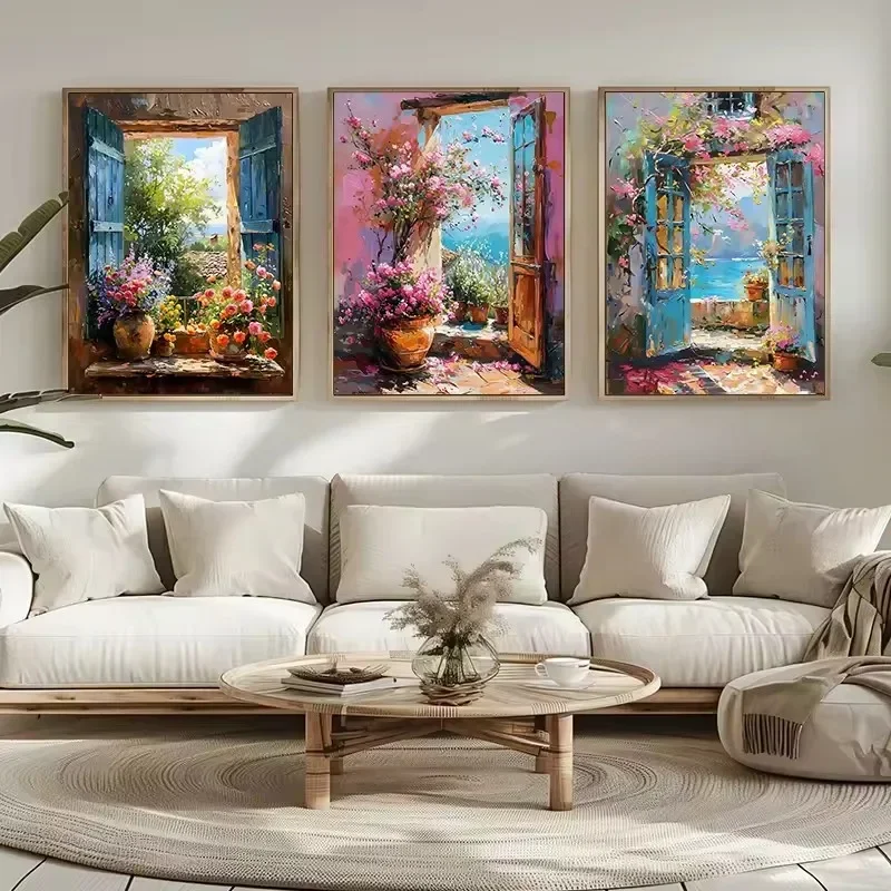 Abstract Colorful Graffiti Town Landscape Canvas Painting Modern Art Window Sea View Aesthetic Posters Prints Living Room Decor