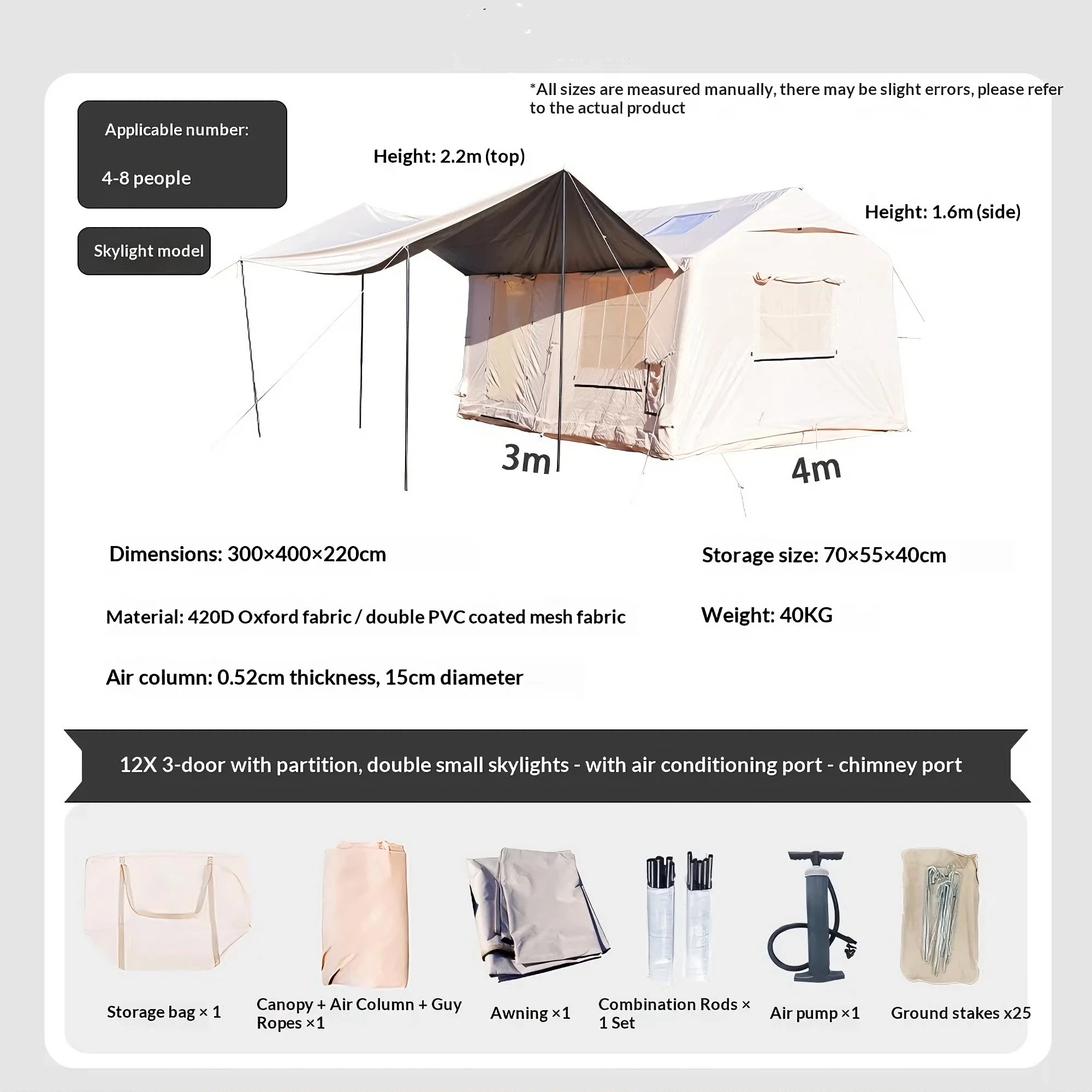 Inflatable Tent 4-8 Person 4-Season Waterproof Oxford Fabric Automatic Tent with Canopy Family Camping Team Building with Carry