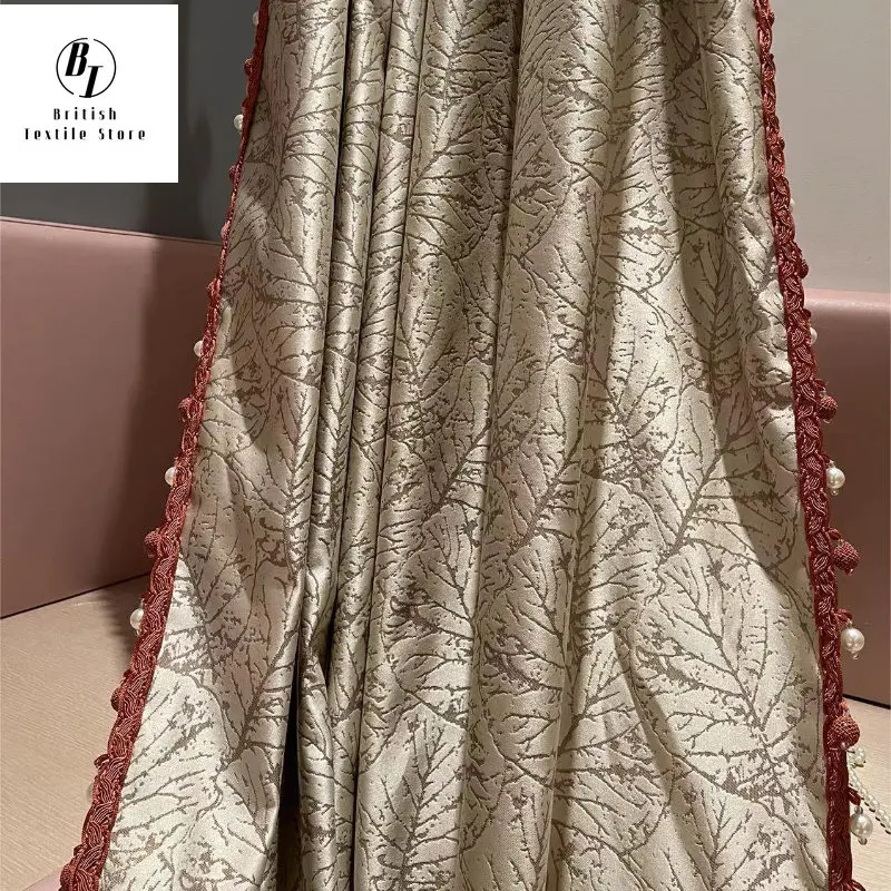 Modern Jacquard Leaves Champagne Bead Shading Curtains for Living Room Bedroom Dining Christmas Luxury Lace and Ready Custom