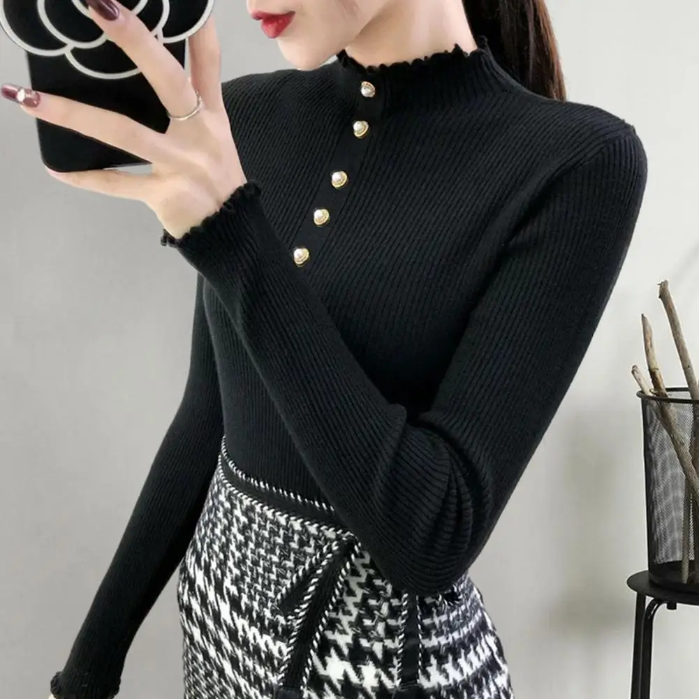 Lady Soft Blouse Women Elastic Top Chic Cozy Women's Knit Sweater Tops Slim Fit High Collar Soft Elastic Pullover for Fall