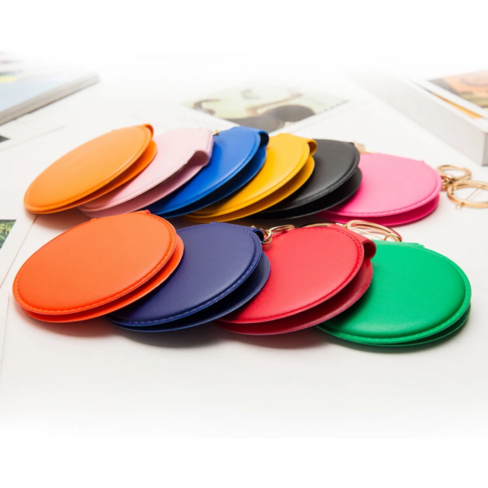 TSHOU616  Portable Candy Color Mini PU Leather Pocket Makeup Mirror Key Chain Cosmetic Compact Mirrors Double Dual Sides Girl