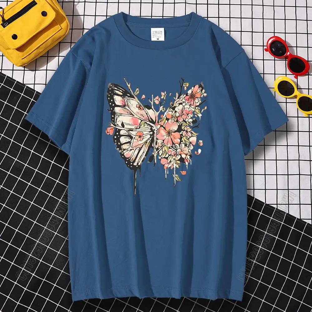 Butterflies Full Of Flowers Printing Tshirt Mens Simplicity T-Shirts Crew Neck Clothes Aesthetic Pure Cotton Men's Tshirts