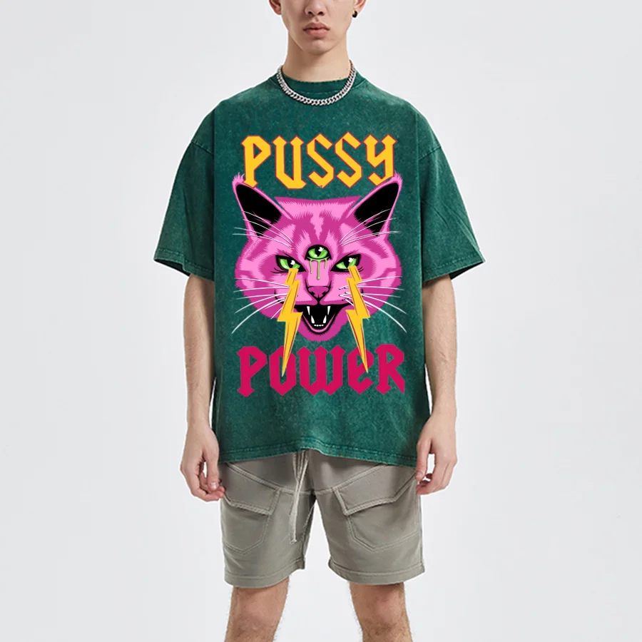 Pussy Power Cat T Shirt Harajuku Casual Cotton Short Sleeve Printing O-Neck Breathable Soft Tops Unisex Washed