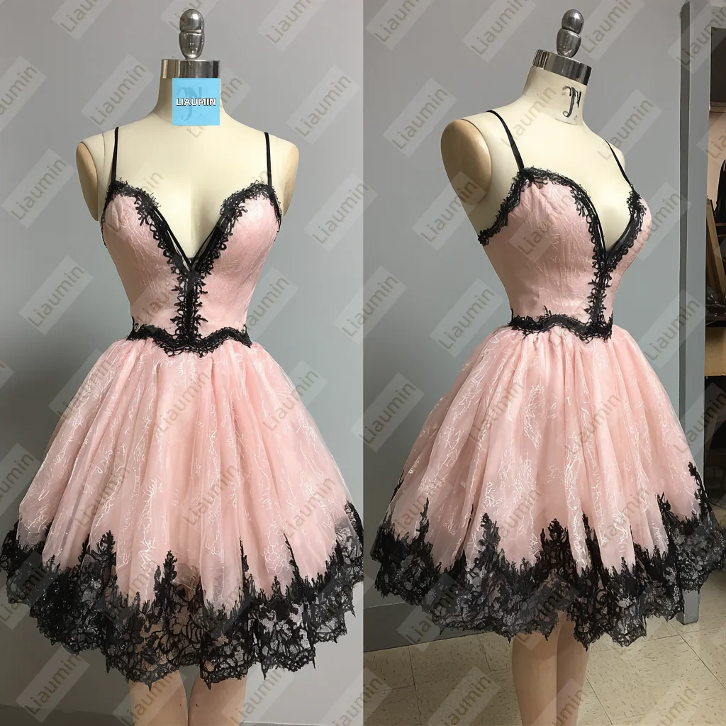 

Short Pink Tulle Spaghetti Straps Black Lace Applique Knee Length Evening Prom Wedding Formal Dress Lace-up Customized A7-1.39