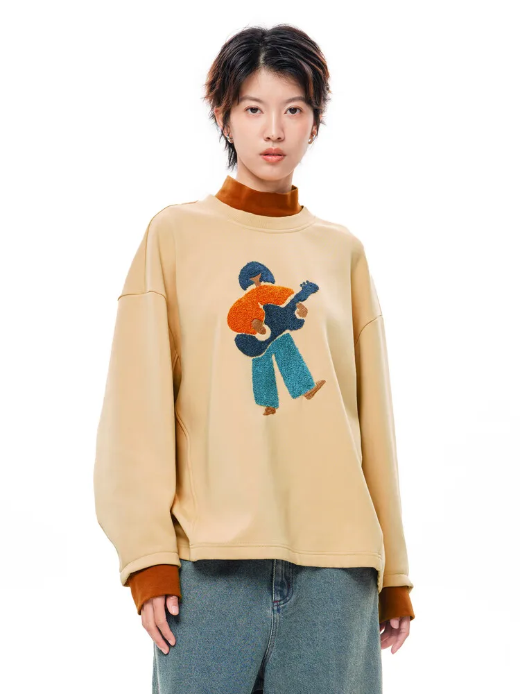 

MOVEUP Long Sleeved High Neck Sweatshirt Winter Patchwork Collar Character Embroidered Loose Fleece Top For Women 3EWD11470