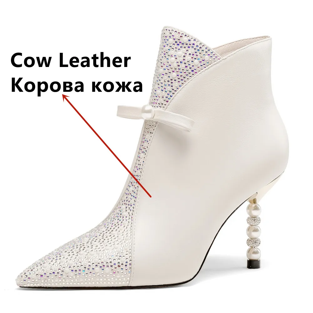 FEDONAS Women Ankle Boots Genuine Leather Fashion Butterfly-Knot Rhinestone Party Shoes Woman Pointed Toe Elegant Autumn Winter