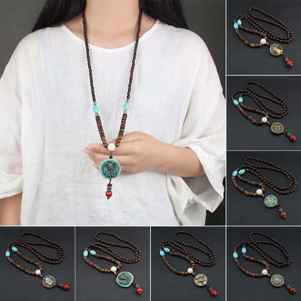 Boho Handmade Party Ethnic Jewelry Elephant Pendant Nepal Necklace Buddhist Mala Wood Bead