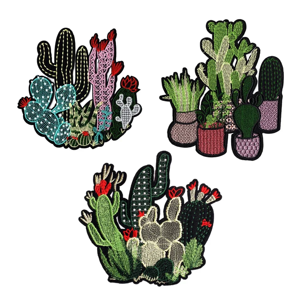 New Large Cartoon Patch Cactus Flower Embroidery Cloth Sticker DIY Clothes Patch Hole Badge Iron on Transfers for Clothing