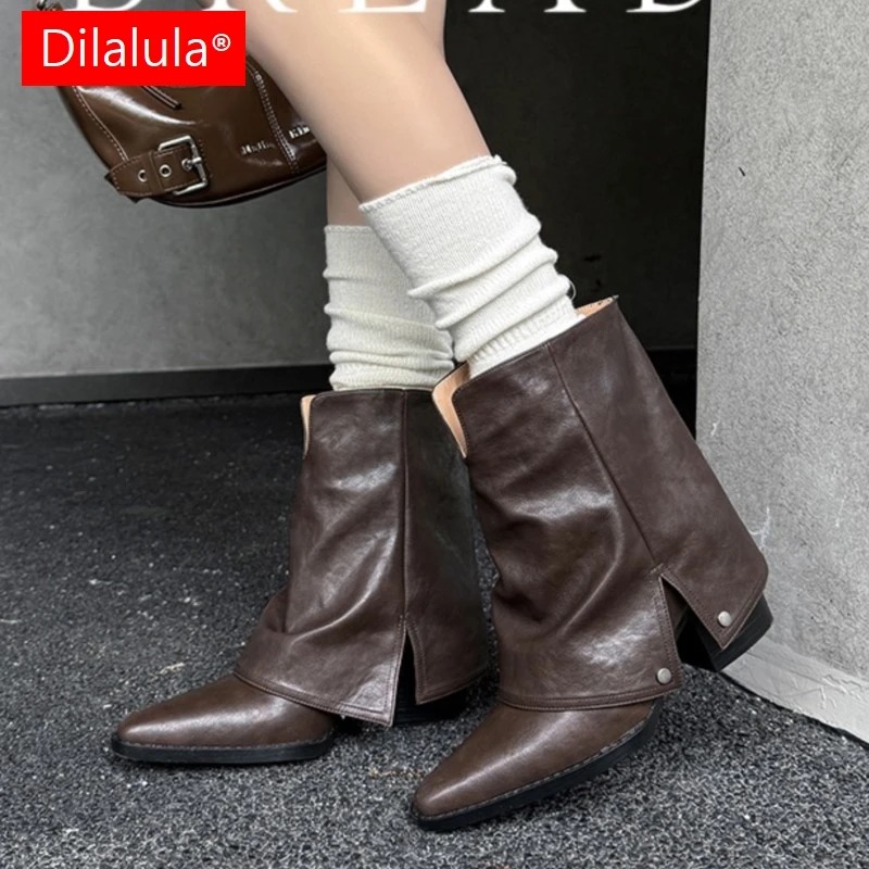 

Dilalula 2025 Retro Genuine Leather Short Boots Women Med Thick Heels Long Turned Over Edge Daily Street Ankle Boots Ladies