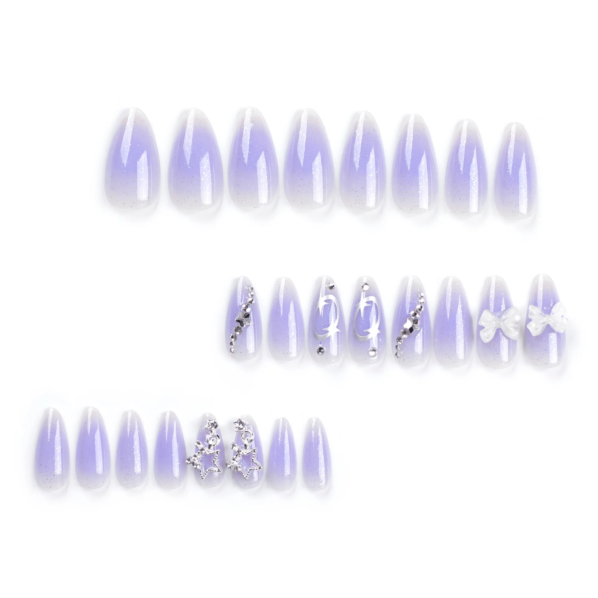 Wearable Silver Stripes Long Almond Nails Fake Y2k Nails Press On False Nails Stars Diamond Decoration Purple Nail Tips Finished
