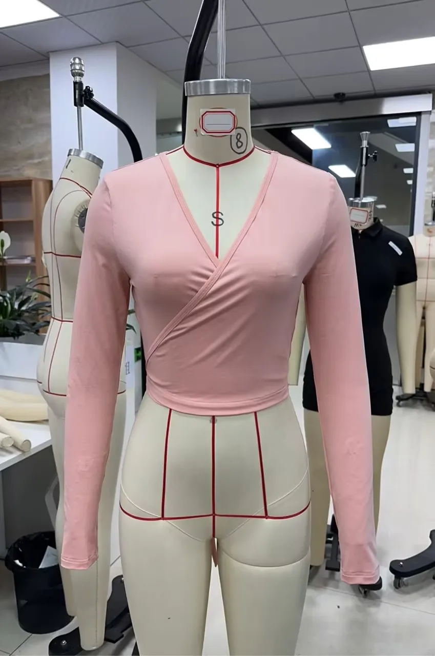 Women's Stylish Ballet Wrap Tops Solid Color V Neck Long Sleeve Casual Slim Workout T-Shirt for Sports Yoga Running Dancing