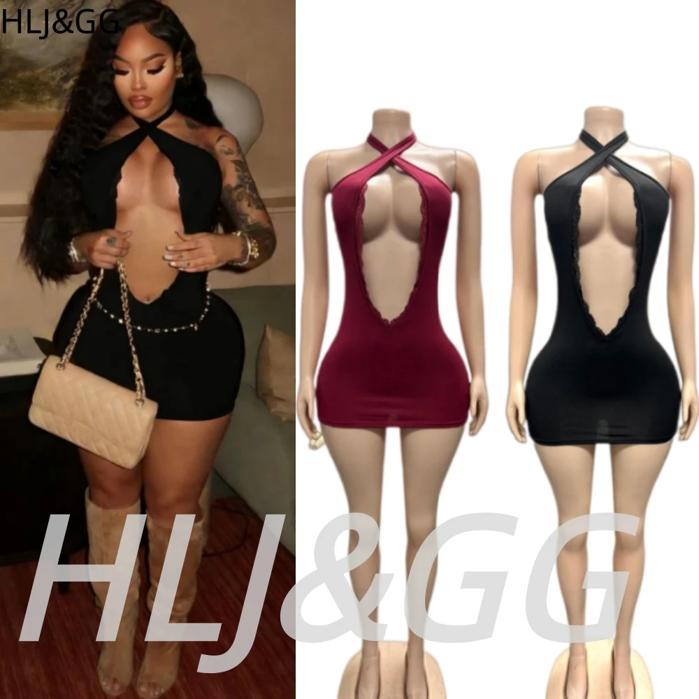

HLJ&GG Sexy Hot Girl Lace Hollow Halter Bodycon Mini Dresses Women Backless Sleeveless Slim Vestidos Fashion Party Club Clothing