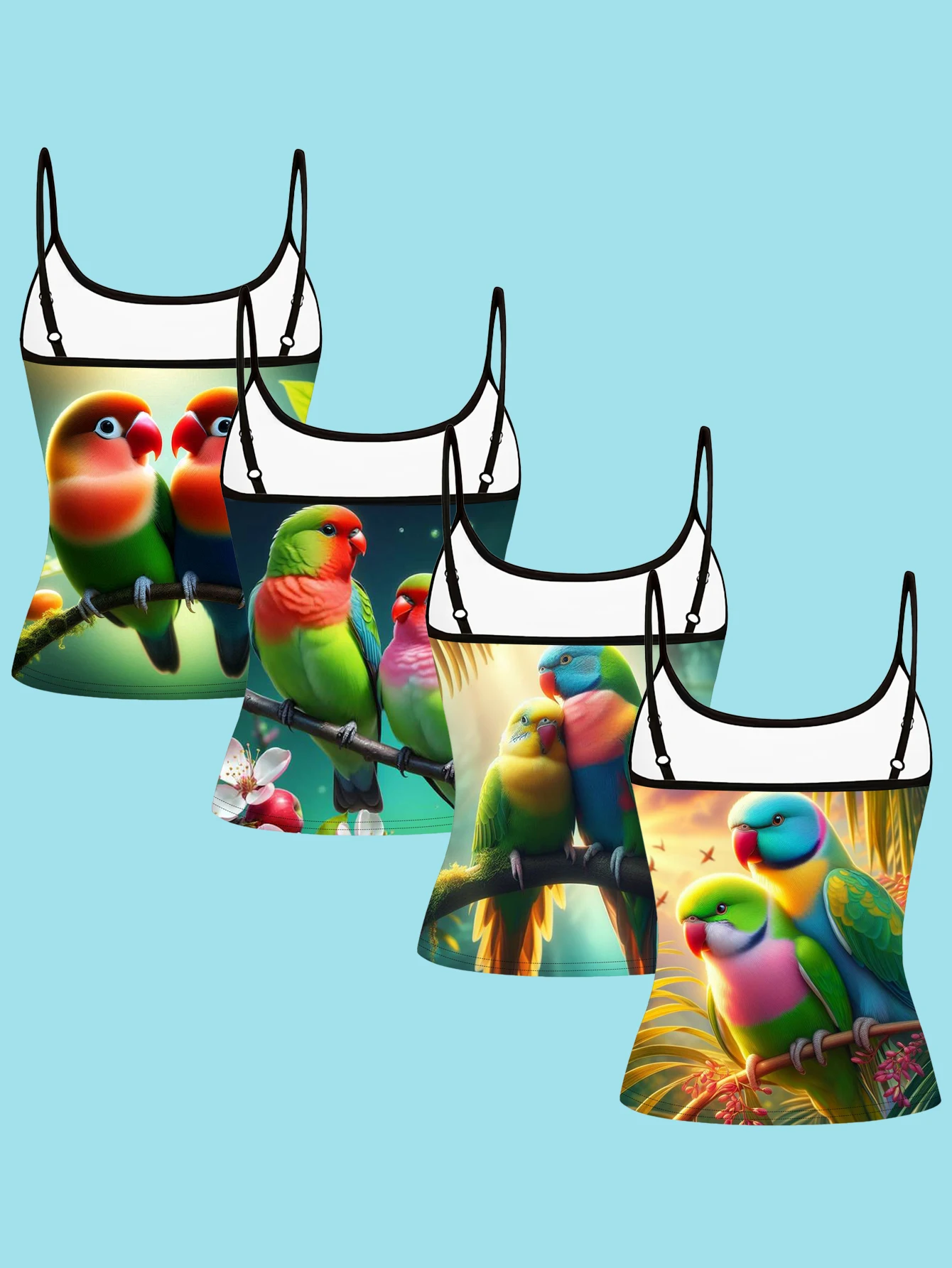 4-Piece Set of Couple's Lovebirds Peacock Parrot Print Camisole for Women, Cute and Healing Colorful Bird Print Spaghetti Strap Waist-Cinching Slim-Fit Base Top, Cross-Border Casual Daily Wear Camisole