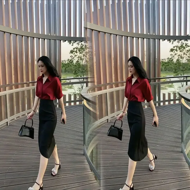 Office Red Sexy Long 2 Pieces Sets for Women Slit Skirt Maxi Woman Outfit Vintage Formal Event Occasion New Matching Co Ord Full