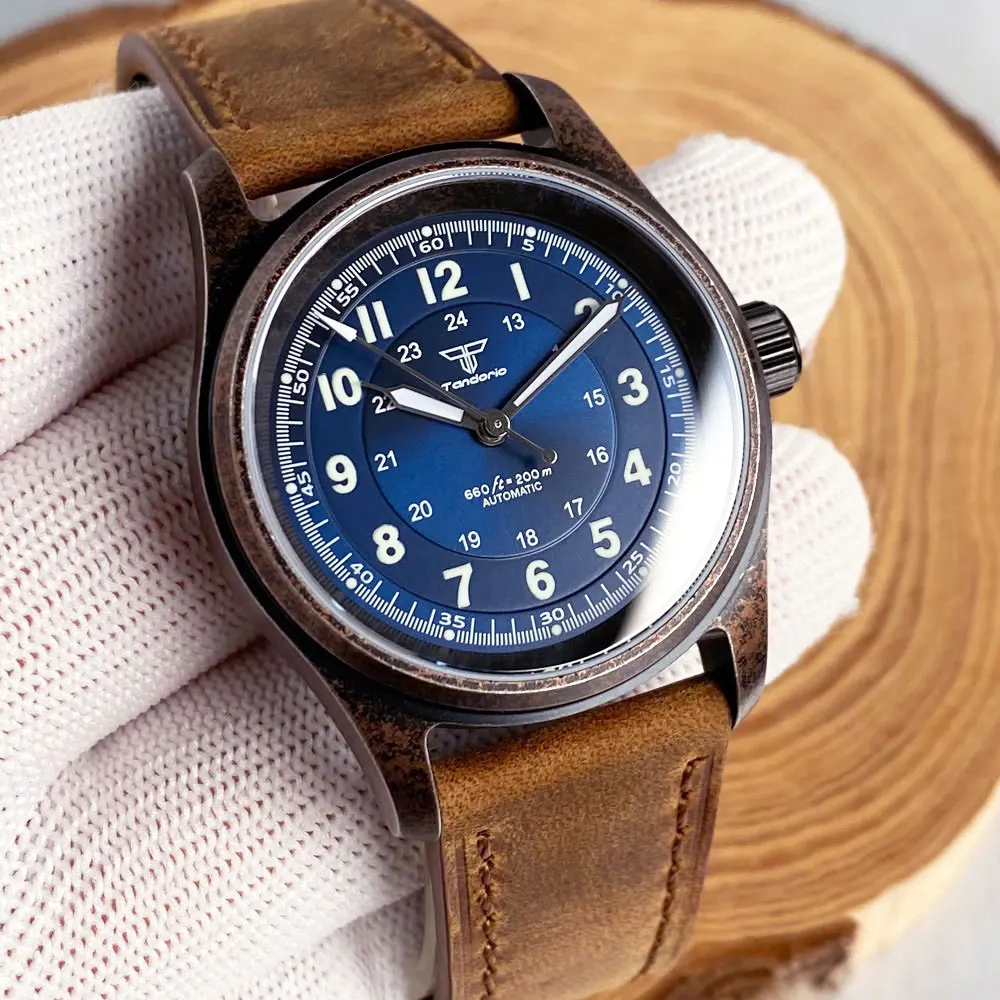 Tandorio Sapphire Crystal 36mm Retro Pilot Case Electroplated-Copper NH35 Movement Automatic Men Watch 20ATM Diving Waterproof - Image 3