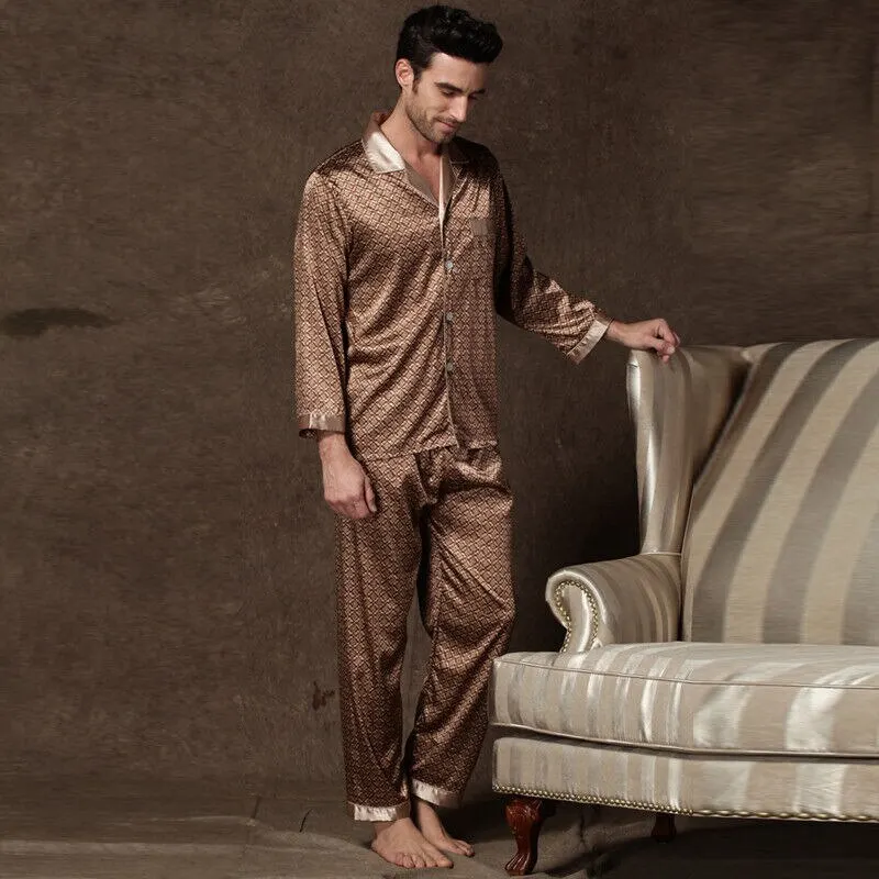 Mens Stain Silk Pajama Sets Pajamas Men Sleepwear Printed Silk Nightgown Home Male Satin Soft Cozy Sleeping Pajamas