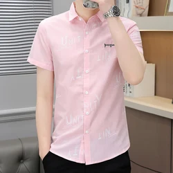 Letter Printing Short Sleeve Men's Clothing Turn-down Collar Contrast Color Summer Button Up Cardigan Shirt Preppy Style Tops