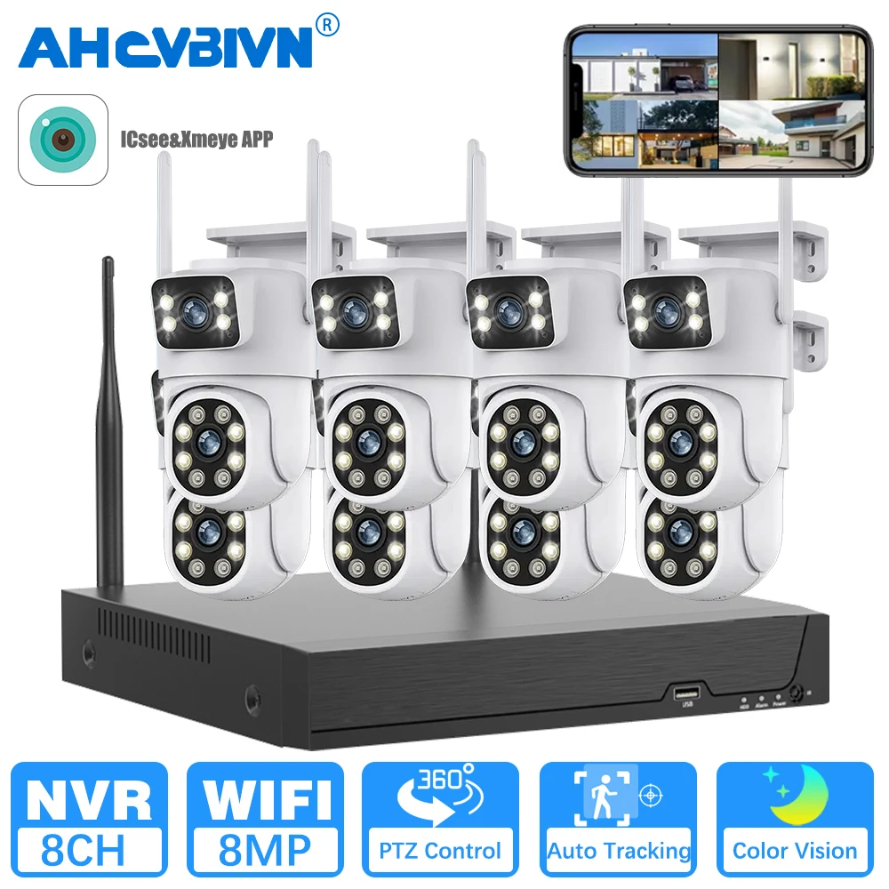 

8CH H.265+ Wireless NVR Kit With 8MP Auto-Tracking PTZ Camera Outdoor WiFi IP Security System ICSEE Smart Home 24/7 Surveillance