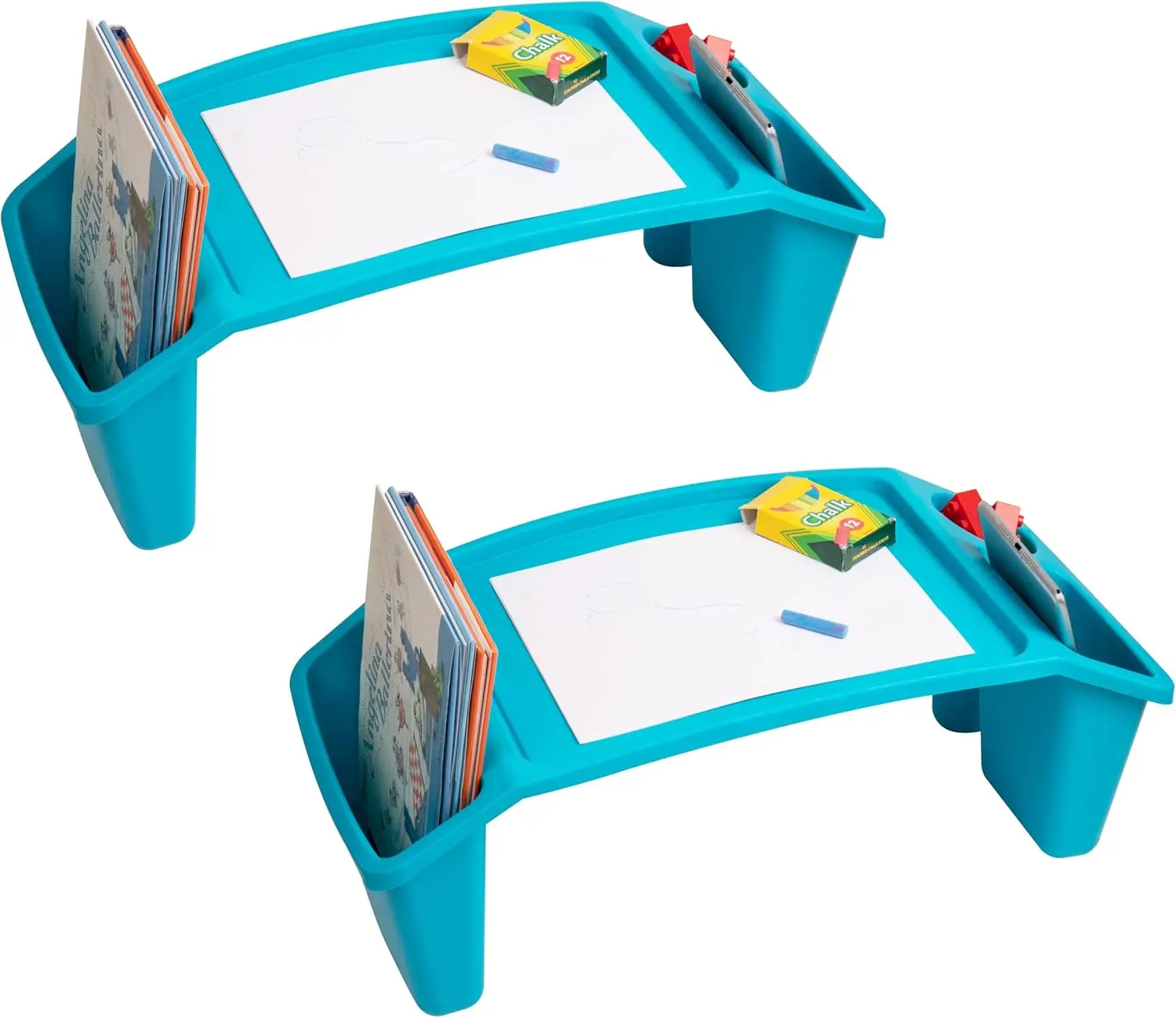 

Kids Lap Desk Set of 2, Portable Activity Tray with Side Storage for Drawing, Snacks, Study, Blue