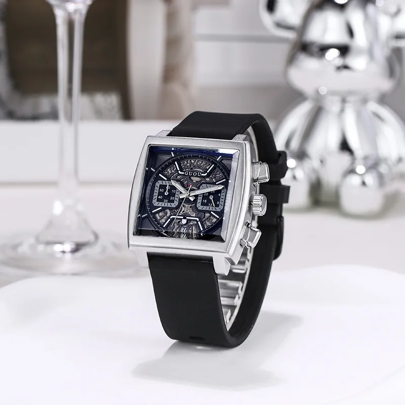 New Silicone Strap Large Dial Square Sports Watch For Men, New Multi-Functional Quartz Watch, Stylish Quartz Wristwatch.