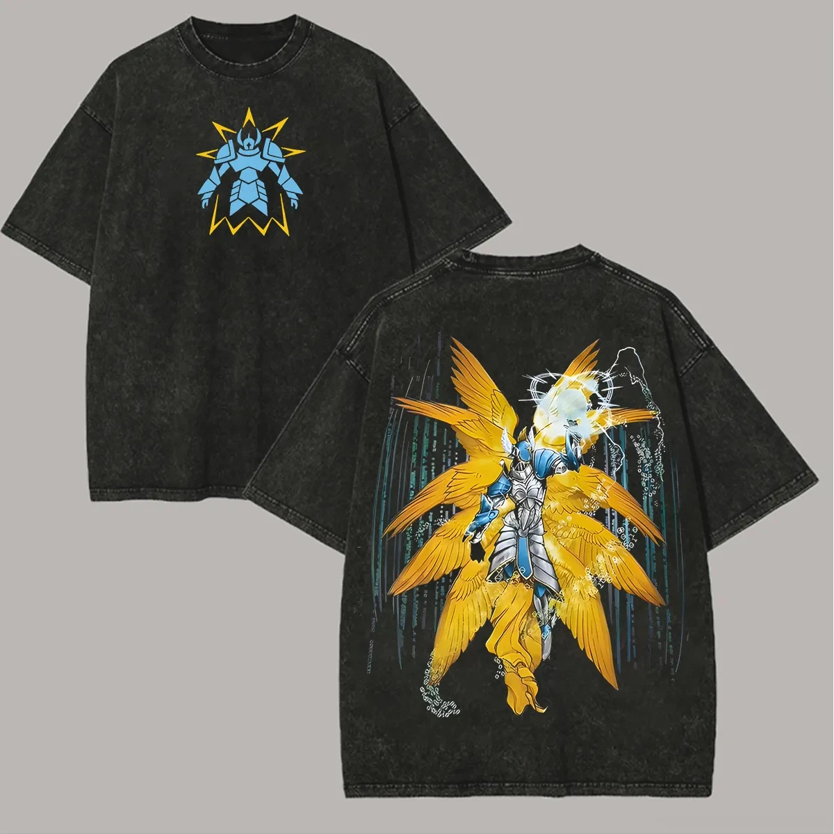 Seraphimon T-Shirt für Herren, Digimon Hope Crest, Vintage Acid Wash Streetwear, übergroße Retro-T-Shirts mit japanischer Anime-Grafik aus Baumwolle