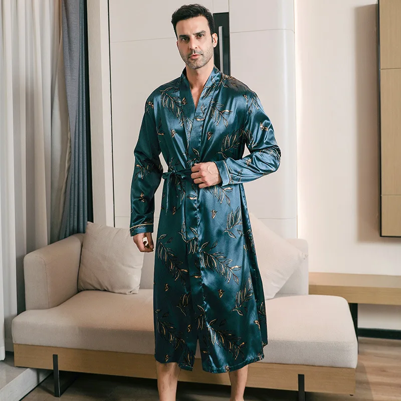 Men Sleepwear Ice Silk Bathrobe Kimono Intimate Lingerie Male Summer Spring Home Clothes Loose Nightgown Print Sleepwear