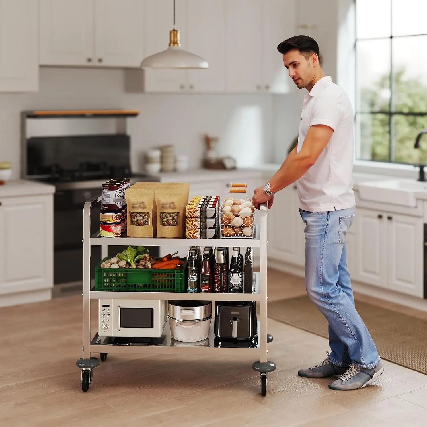3 Tier Stainless Steel Utility Cart, 360° Rotation Wheels & 400 lbs Capacity, Commercial Serving Cart Heavy Duty Rolling Cart