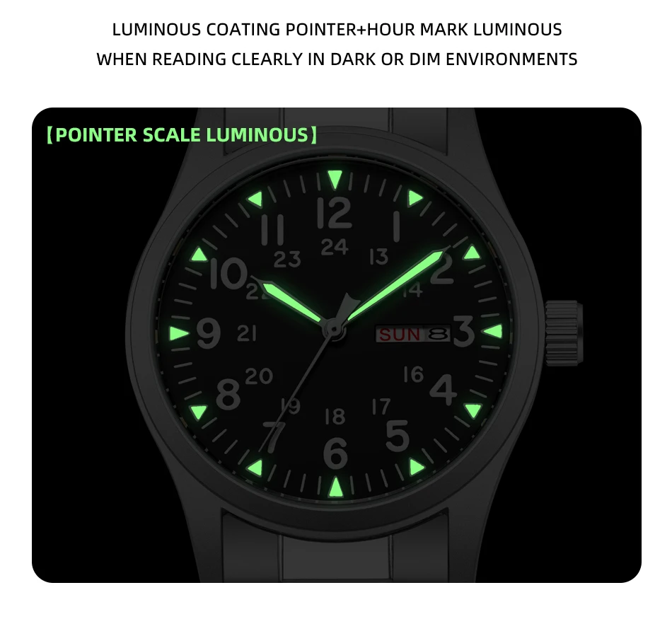 2026 Herren 38mm Leuchtende Zifferblatt-Uhr mit Tages- und Datumsanzeige, im Dunkeln leuchtend, grün, 30M wasserdicht, Felduhr mit Edelstahlarmband – Detail 10