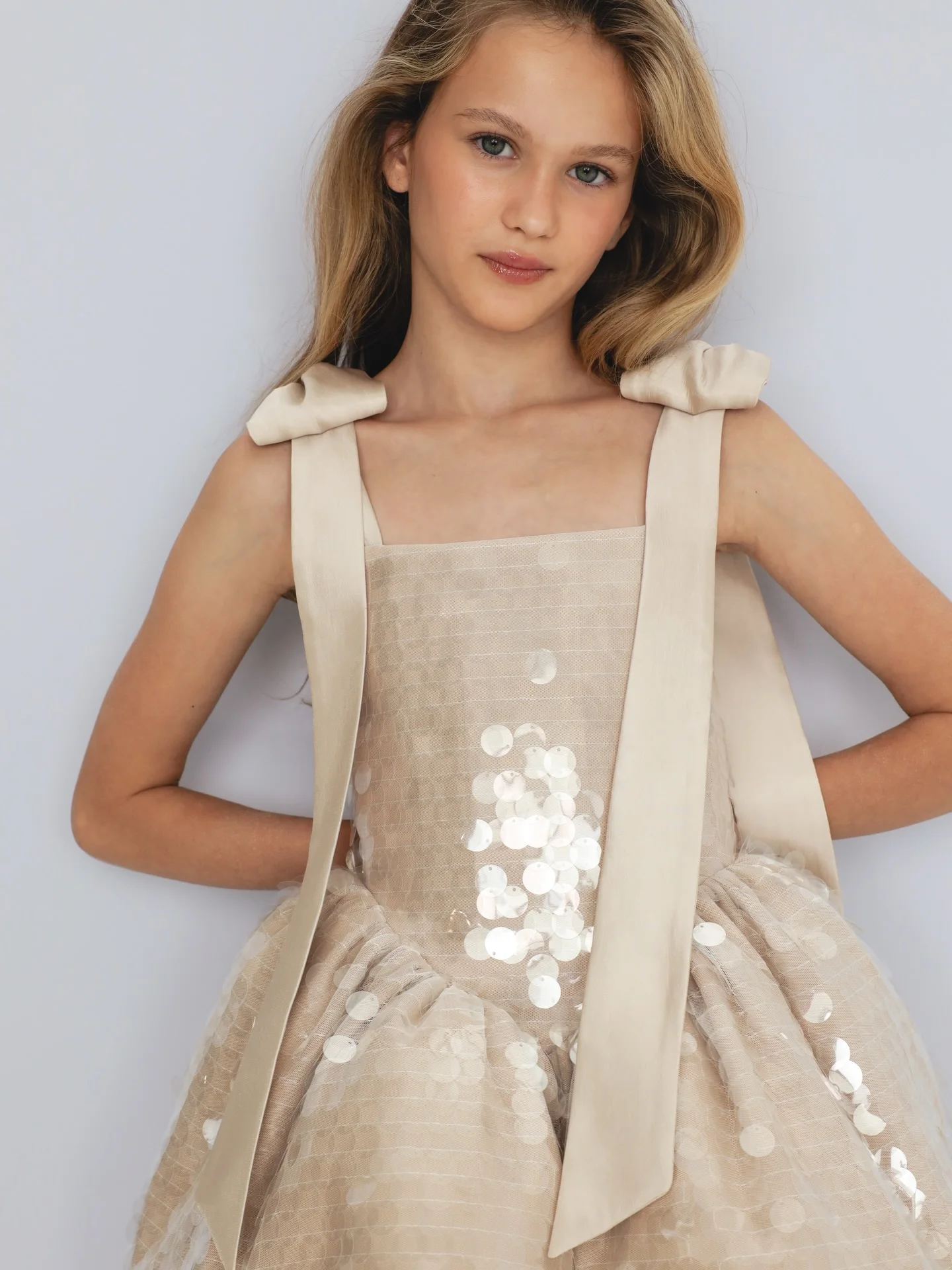 Champagne Satin Short Flower Girl Dress Girl's Birthday Dance Dress with Shoulder Square Collar Transparent Sequin Outer Skirt