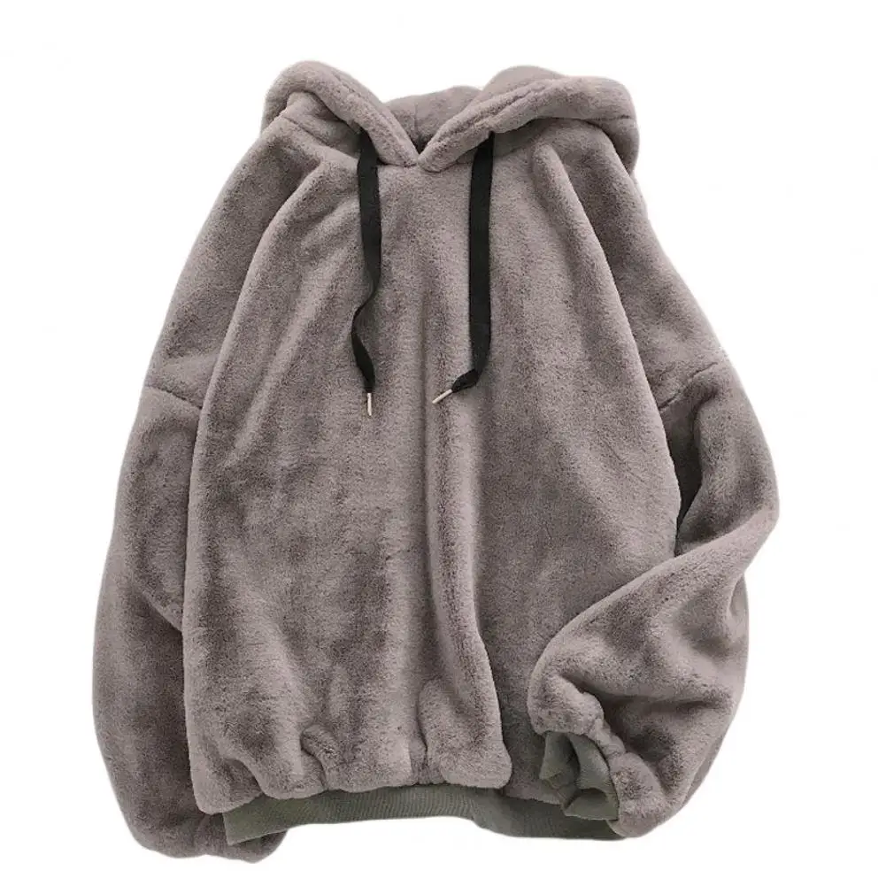 Men  Pullover Hoodie Drawstring Long Sleeve Warm  Autumn Winter Solid Color Double Sided Plush Unisex Hooded Sweatshirt