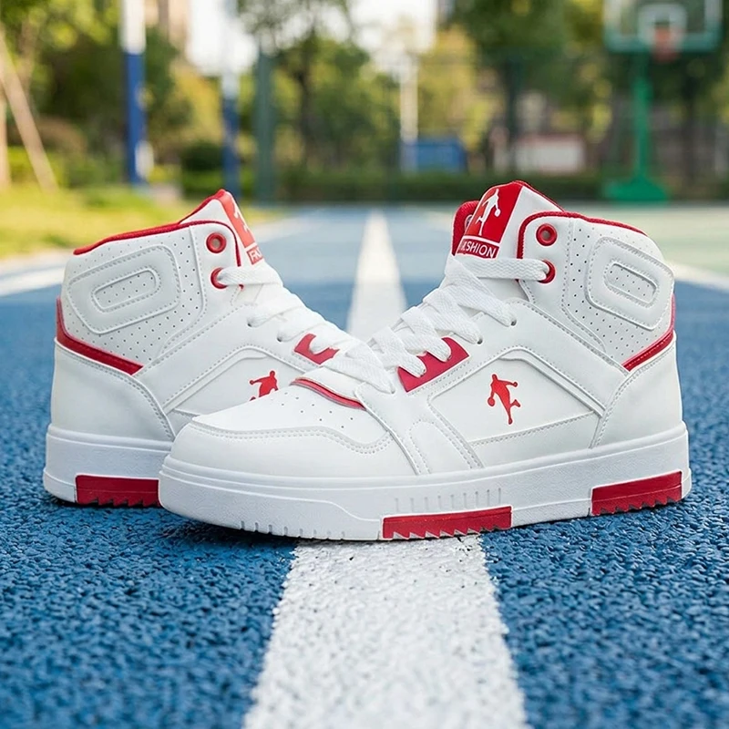 Men's White High-Top Color Block Sneakers, Lace-Up Casual Skate Shoes for Streetwear view 5