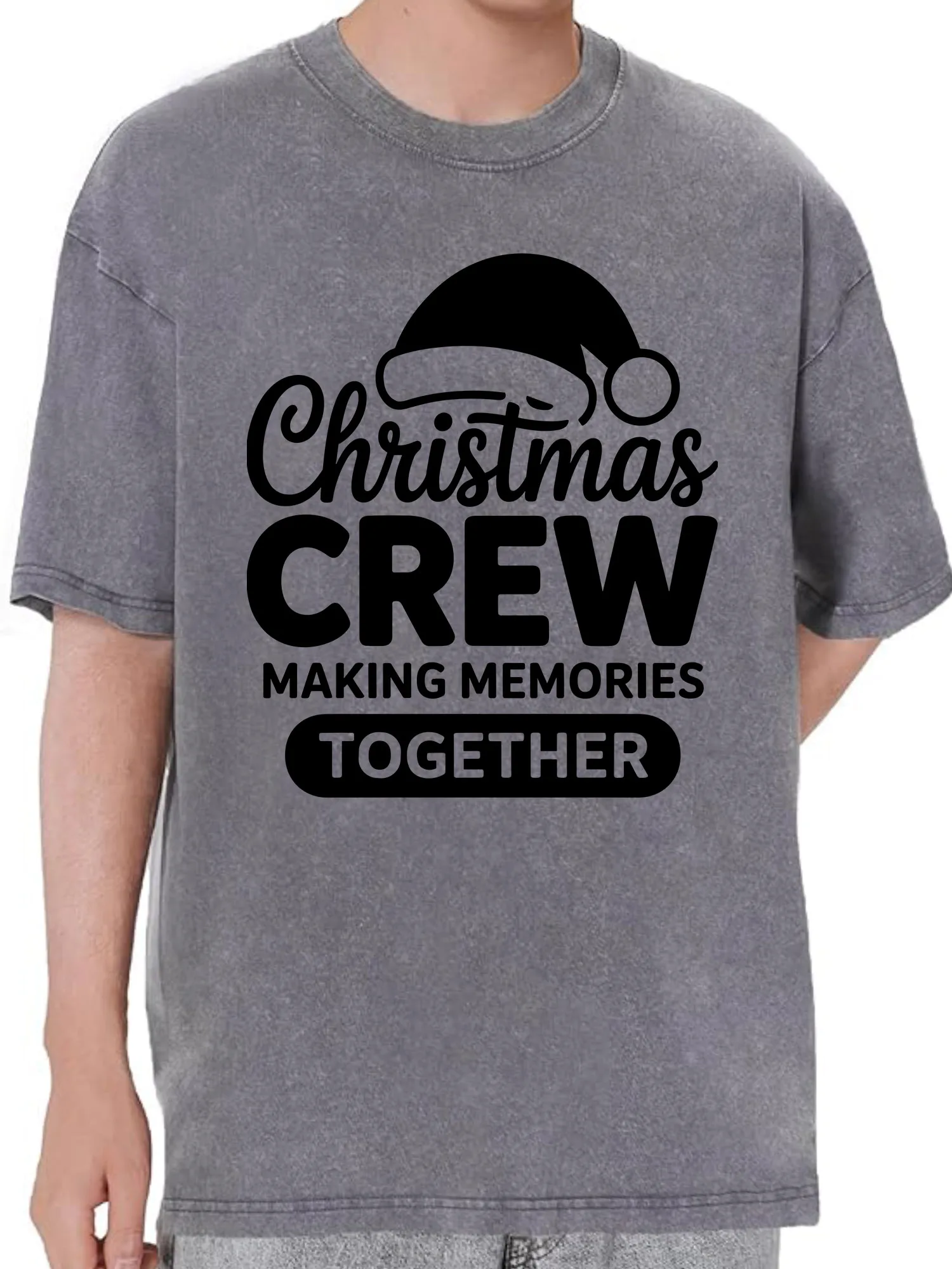 تي شيرت عيد الميلاد Crew Making 230 جرام من القطن الثقيل المغسول كبير الحجم للرجال برسومات مضحكة تي شيرت كاجوال كلاسيكي