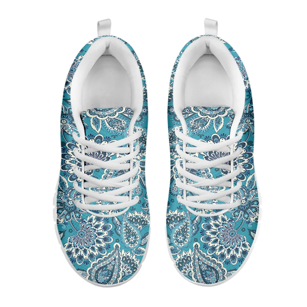 INSTANTARTS White Womens Causal Sneakers Boho Pasiley Floral Prints Lightweigh Air Mesh Falt Shoes Lace Up Footwear For Girls