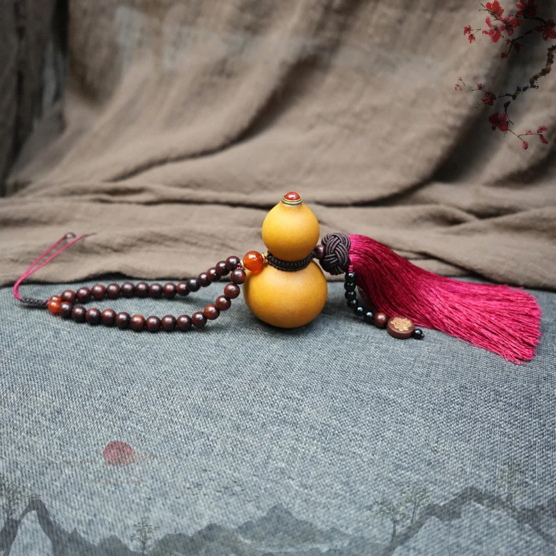 Traditional Chinese Key Chain Decoration Ornament Handicraft Small Gourd Hanging Pendant with Rosewood Beads Strings