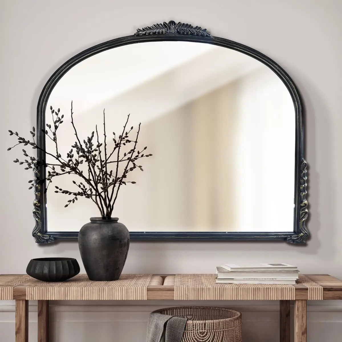 Black Vintage Wall Mirror,Antique Wide Mirror Decor,Arched Big Mirror for Entryway/Bathroom/Fireplace 37