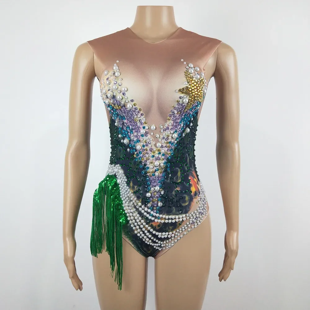 Sexy Peacock Pattern Printed Bodysuit Crystals Pearls Tassel Leotard Bar DJ Women Singer Stage Wear Party Pole Dancing Costume