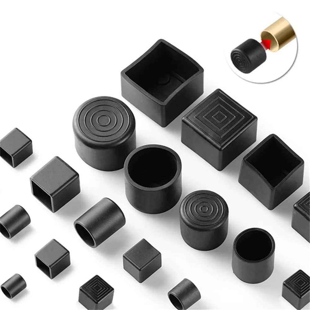 Black Square Round PVC Soft Rubber Pipe End Cap Table Chair Foot Pad Protective Cover Furniture Leg Tips Floor Protector 6-100mm