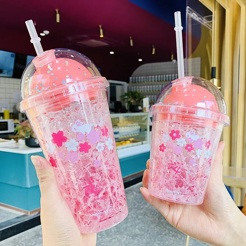 Botella de flor de cerezo Kawaii de 420ML, taza de hielo triturado de conejo con lentejuelas creativas, botella de bebida de hielo de verano con pajita, tazas de jugo de café
