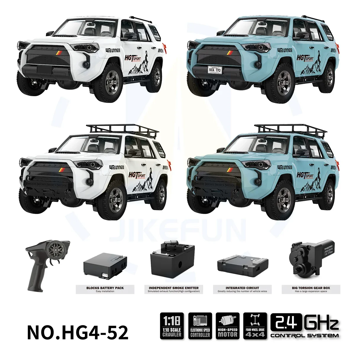 

1/18 RC Car HG4-52 High Simulation Electric Model with Static Lights Smoke Sound Effects 4WD Remote Control Car Toys for Adults