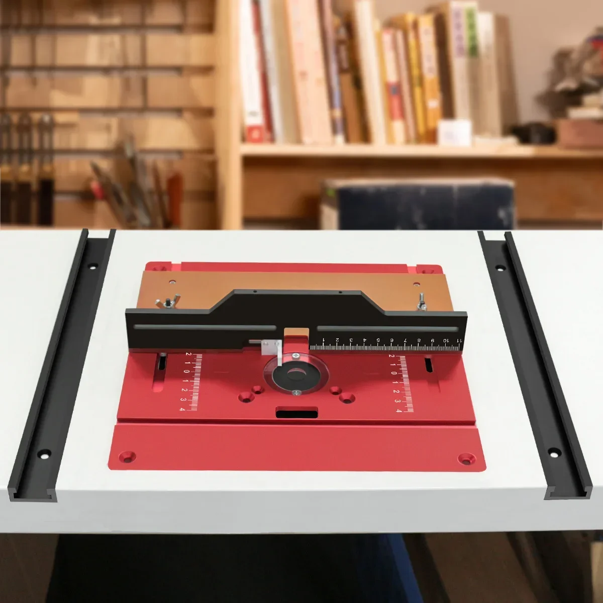 Placa de inserción abatible para espigado de 245 x 240 mm - hecha de aleación de aluminio con valla deslizante y calibre de inglete de 180 grados - Elevador de enrutador