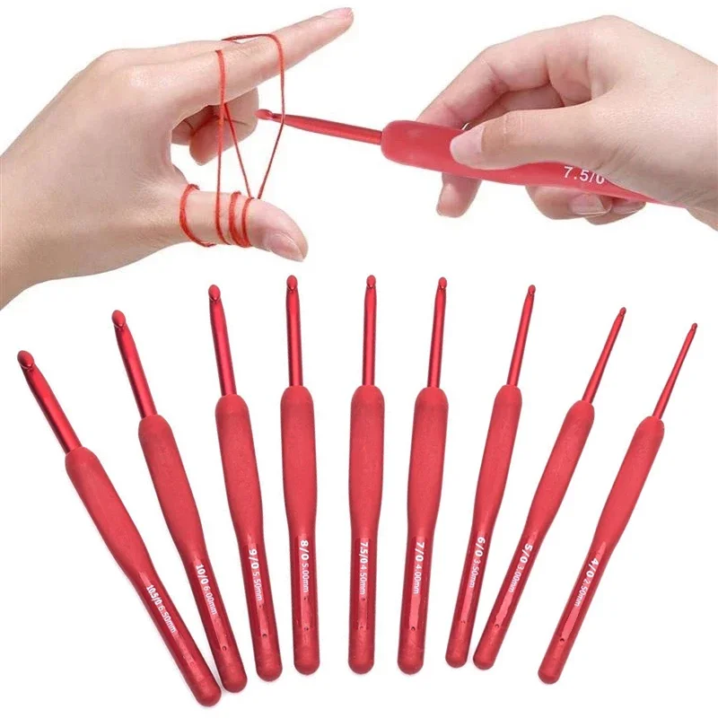 2-6mm Aluminum Knitting Crocheted Hooks Needles Set Red Silicone Grip Handle DIY Hand Weave Sewing Sweater Knitting Tool