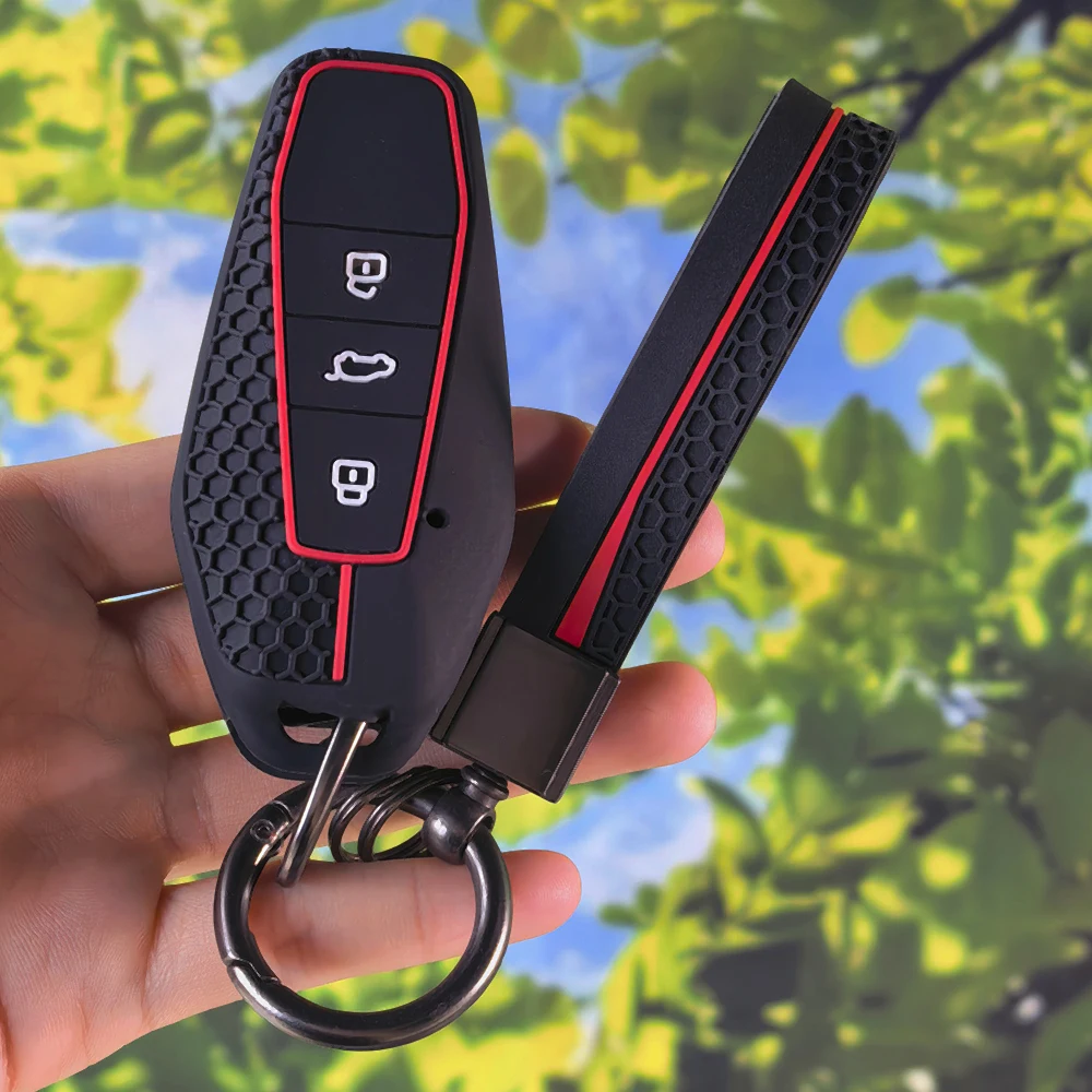 Skin Friendly Silicone Car Key Cover with Keychain for Chery ICAR03 Shuxiangjia EQ7 3 Button Remote Fob Honeycomb Red