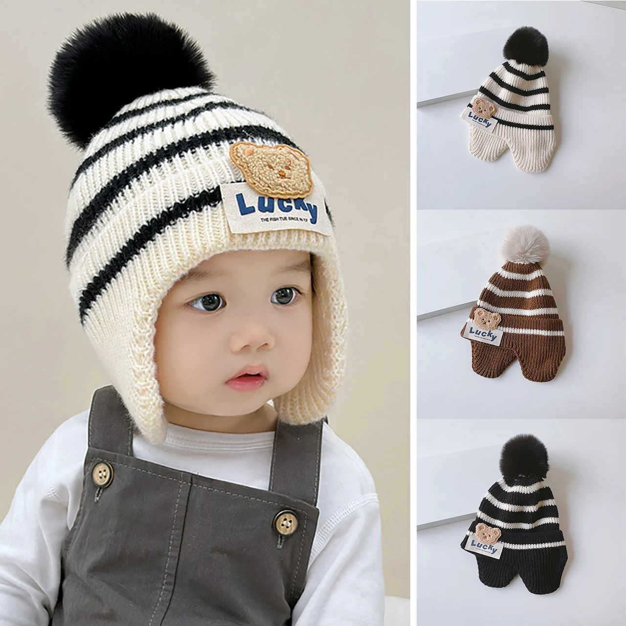 

Winter Warm Baby Ear Protection Hat Fashion Stripe Earmuffs Cap 3-48Month Kids Knit Hats Plush Ball Children Wool Crochet Bonnet